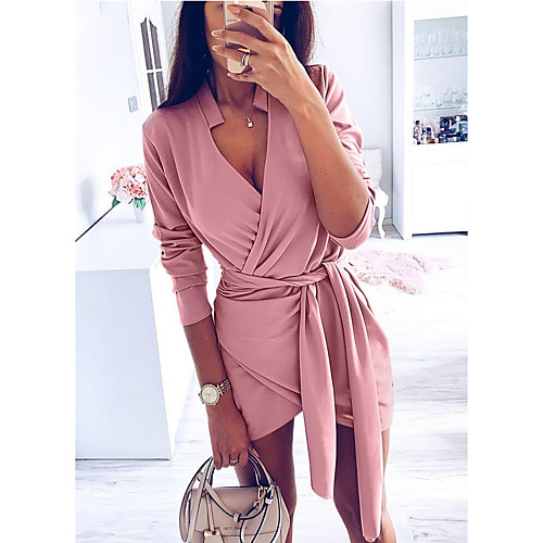 

Women's Mini Bodycon Dress - Long Sleeve Solid Colored Drawstring Deep V Basic Daily Wear Slim Blushing Pink Brown S M L XL