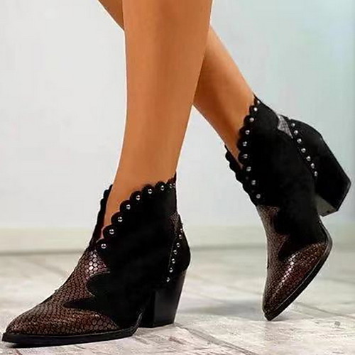 

Women's Boots Cowboy Boots Animal Print Chunky Heel Pointed Toe Booties Ankle Boots Vintage British Daily PU Snakeskin Color Block Almond Black Brown / Booties / Ankle Boots / Booties / Ankle Boots