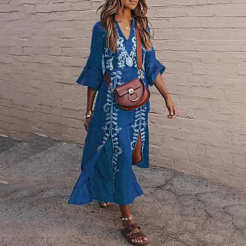 

Women's Maxi Swing Dress - Long Sleeve Geometric V Neck Casual / Daily Loose Blue Purple Red Orange Green S M L XL XXL XXXL