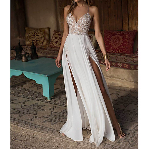 

A-Line Wedding Dresses V Neck Floor Length Chiffon Spaghetti Strap Illusion Detail Backless with Appliques Split Front 2021