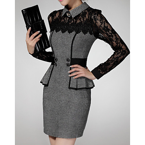 

Women's Sheath Dress - Long Sleeve Geometric Color Block Shirt Collar Elegant Slim Red Gray S M L XL XXL XXXL