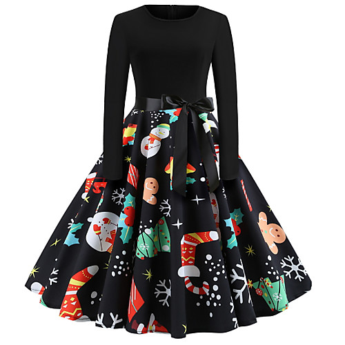 

Women's Swing Dress Midi Dress Black Long Sleeve Floral Print Round Neck Basic Christmas Party S M L XL XXL