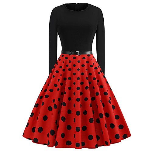 

Women's Swing Dress - Long Sleeve Polka Dot Basic Daily Wear Black Blue Red S M L XL XXL