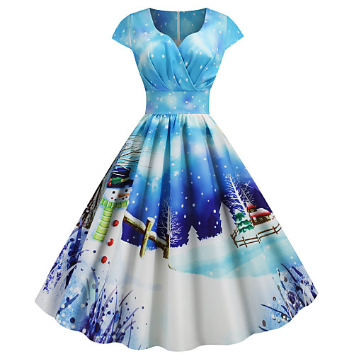 

Women's A Line Dress Knee Length Dress Blue Black Light Blue Short Sleeve Deer Snowman Snowflake Animal Print V Neck Basic Streetwear Christmas Party S M L XL XXL 3XL