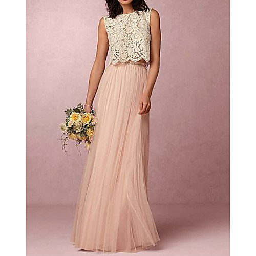 

A-Line Jewel Neck Floor Length Chiffon / Lace Bridesmaid Dress with Pleats / Two Piece