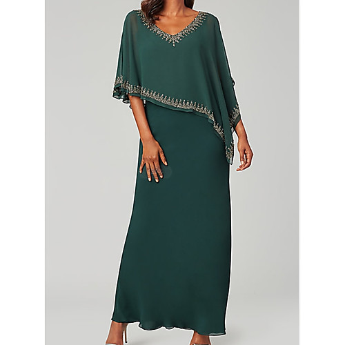 

Sheath / Column Mother of the Bride Dress Plus Size Elegant V Neck Floor Length Chiffon Half Sleeve with Lace 2021
