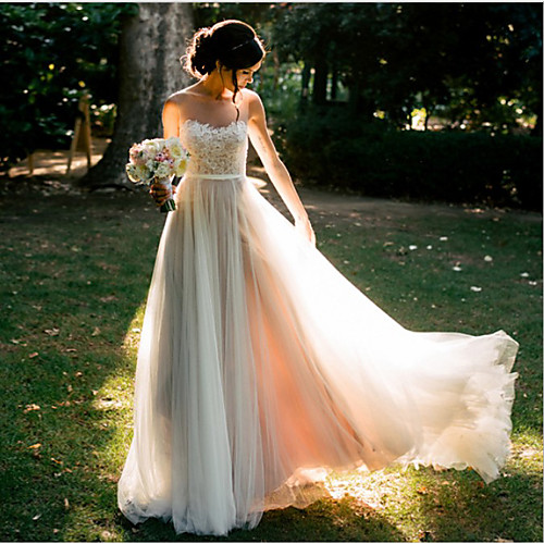 

A-Line Wedding Dresses Sweetheart Neckline Floor Length Lace Tulle Spaghetti Strap Beach Backless with Appliques 2021