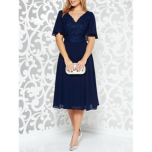 

A-Line Elegant Holiday Cocktail Party Dress V Neck Short Sleeve Tea Length Chiffon Lace with Pleats Appliques 2021
