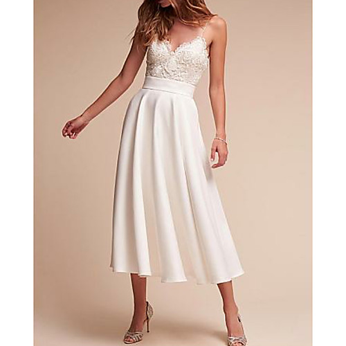 

A-Line Wedding Dresses V Neck Tea Length Satin Spaghetti Strap Formal Illusion Detail with Lace Insert 2021