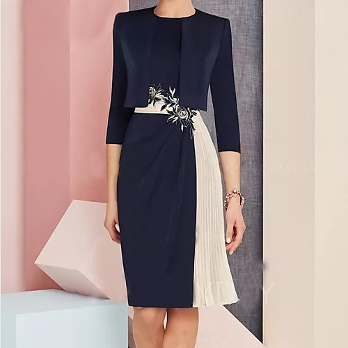 

Women's Shift Dress - 3/4 Length Sleeve Color Block Navy Blue M L XL XXL XXXL