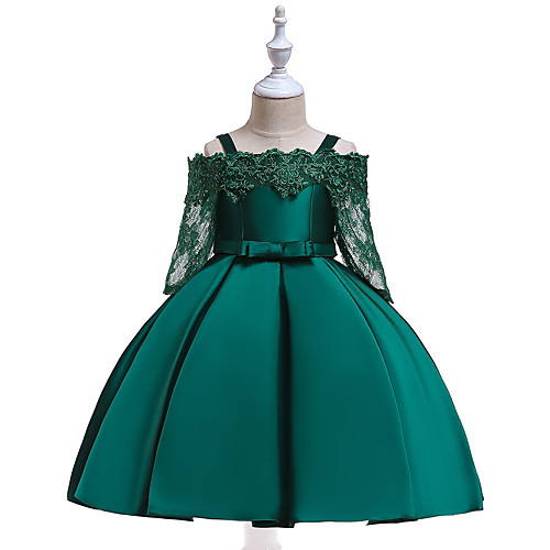 

A-Line Knee Length Flower Girl Dresses Wedding Cotton Blend 3/4 Length Sleeve Off Shoulder with Lace