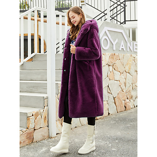 

Women's Faux Fur Coat Party Fall & Winter Long Coat Loose Basic Streetwear Jacket Long Sleeve Solid Colored Purple Yellow