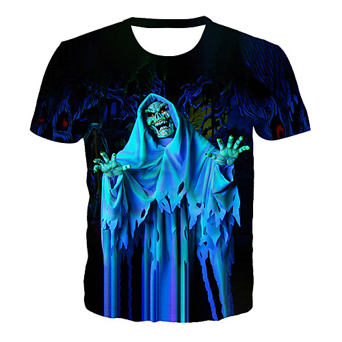 

Men's T shirt Graphic 3D Skull Plus Size Print Short Sleeve Halloween Tops Basic Exaggerated Blue