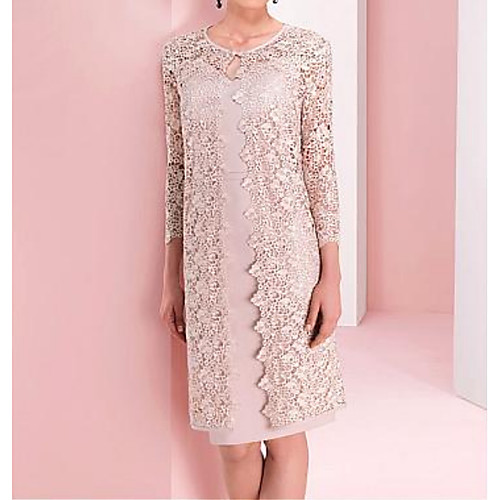 

Two Piece Sheath / Column Mother of the Bride Dress Wrap Included V Neck Knee Length Lace Short Sleeve with Appliques Ruching 2021