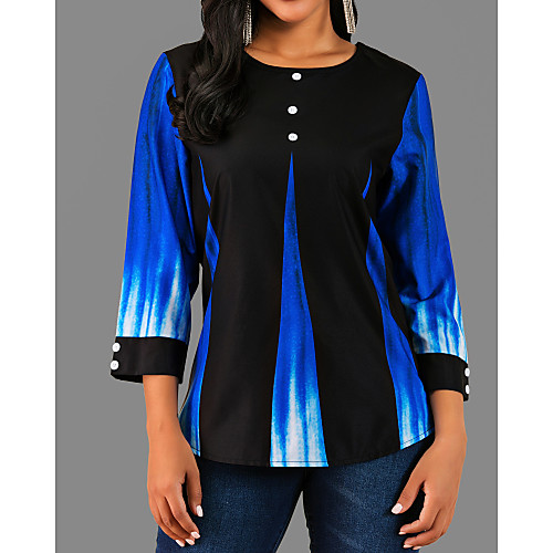 

Women's Blouse Color Block 3/4 Length Sleeve Daily Tops Basic Black