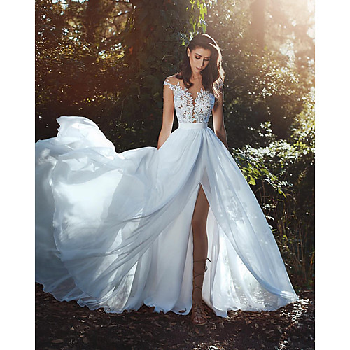 

A-Line Wedding Dresses V Neck Court Train Chiffon Lace Cap Sleeve Country Romantic Sexy See-Through Backless with Lace Sashes / Ribbons 2021