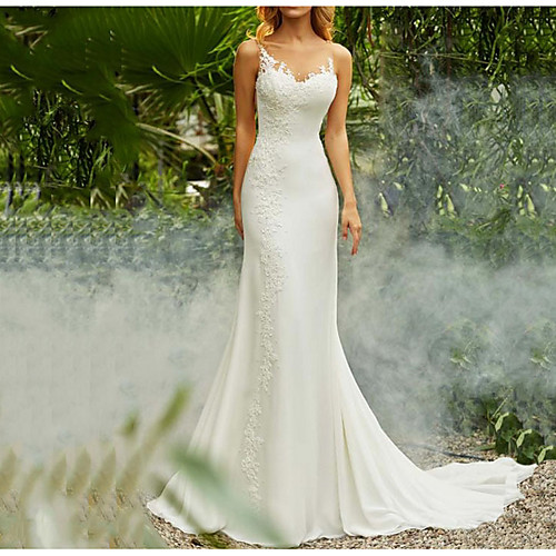 

Mermaid / Trumpet Wedding Dresses V Neck Sweep / Brush Train Chiffon Spaghetti Strap Mordern Backless with Lace Insert 2021