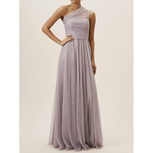 

A-Line One Shoulder Floor Length Chiffon Bridesmaid Dress with Pleats / Open Back