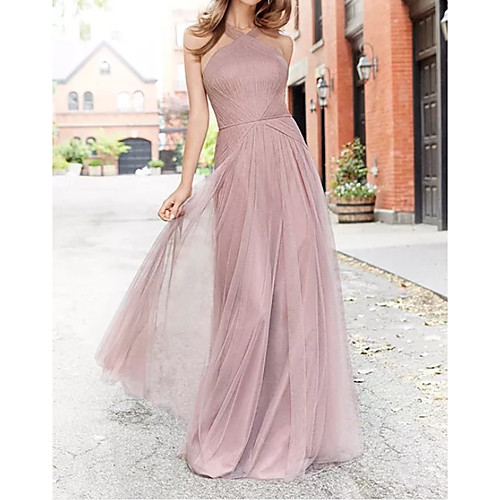 

A-Line Halter Neck Floor Length Chiffon Bridesmaid Dress with Pleats