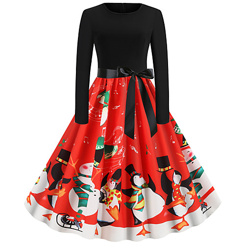 

Women's Swing Dress Black Red Long Sleeve Santa Claus Geometric Patchwork Print Round Neck Basic Vintage Christmas Party S M L XL XXL