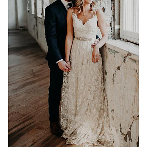 

A-Line Wedding Dresses V Neck Sweep / Brush Train Lace Spaghetti Strap Country Romantic Plus Size Backless with Sashes / Ribbons 2021