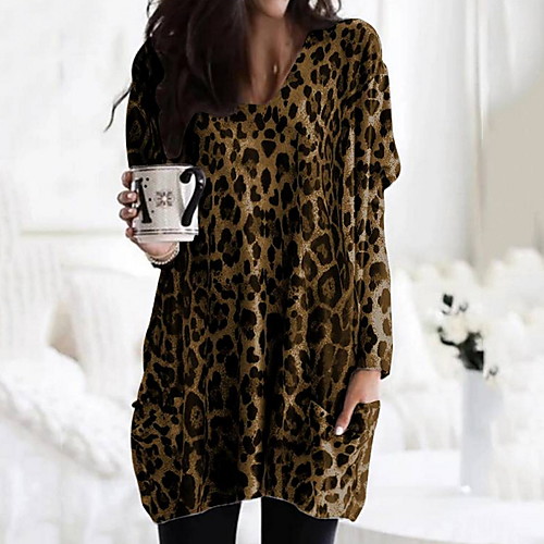 

Women's Plus Size T shirt Leopard Cheetah Print Long Sleeve Print V Neck Basic Tops Khaki Brown Gray