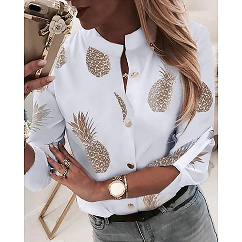 

Women's Blouse Shirt Fruit Long Sleeve Standing Collar Tops White Blue Purple