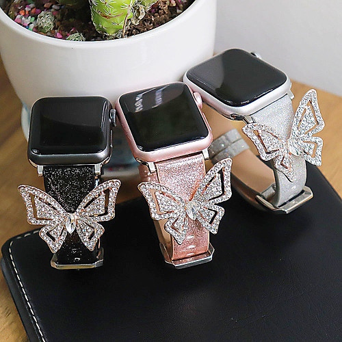 

Bling Leather Butterfly Diamond Strap For Apple Watch 5 4 3 2 1 Band 44MM 40MM 42MM 38MM New Fashion Women Watchband For iWatch