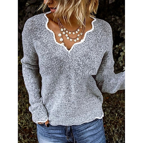 

Women's Casual Knitted Solid Colored Pullover Sweater Acrylic Long Sleeve Sweater Cardigans V Neck Fall Winter Gray Green Loose