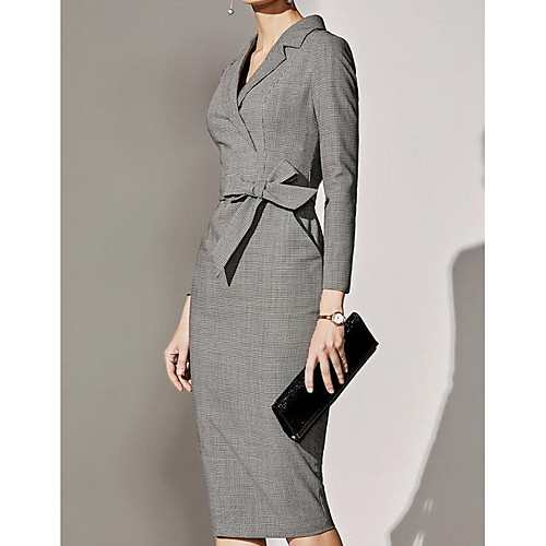 

Women's A Line Dress Gray Long Sleeve Solid Colored Shirt Collar Basic S M L XL XXL 3XL 4XL 5XL