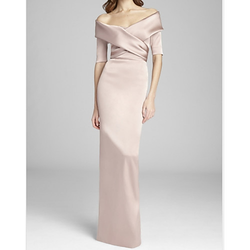 

Sheath / Column Mother of the Bride Dress Elegant & Luxurious Off Shoulder Floor Length Satin Short Sleeve with Ruching 2021