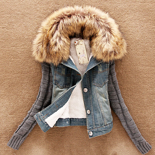 

Women's Daily / Going out Basic Winter Short Denim Jacket, Solid Colored Shirt Collar Long Sleeve Denim Fur Trim Blue