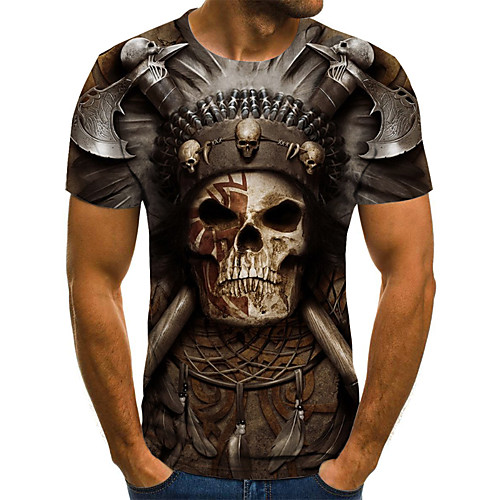 

Men's T shirt Geometric 3D Skull Plus Size Pleated Print Short Sleeve Daily Tops Streetwear Exaggerated Round Neck Gray