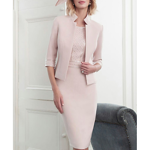 

Sheath / Column Mother of the Bride Dress Wrap Included High Neck Knee Length Satin Half Sleeve with Crystals 2021
