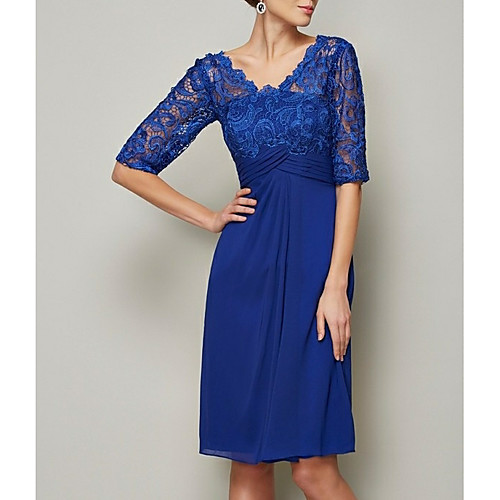 

A-Line Mother of the Bride Dress Plus Size V Neck Knee Length Chiffon Half Sleeve with Lace Ruching 2021