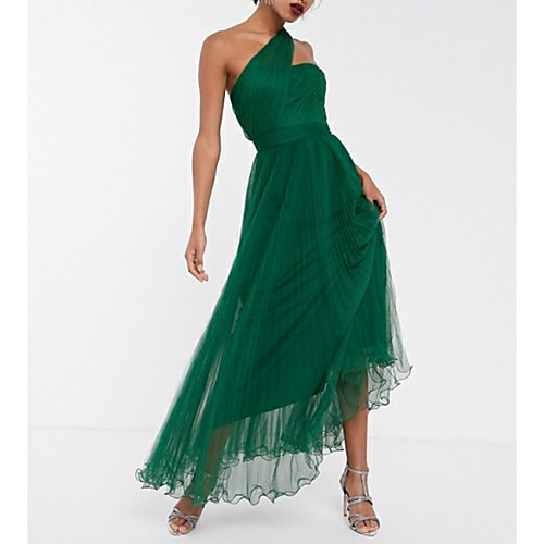 

A-Line Maxi Wedding Guest Prom Dress One Shoulder Sleeveless Ankle Length Chiffon with Pleats Ruched 2021