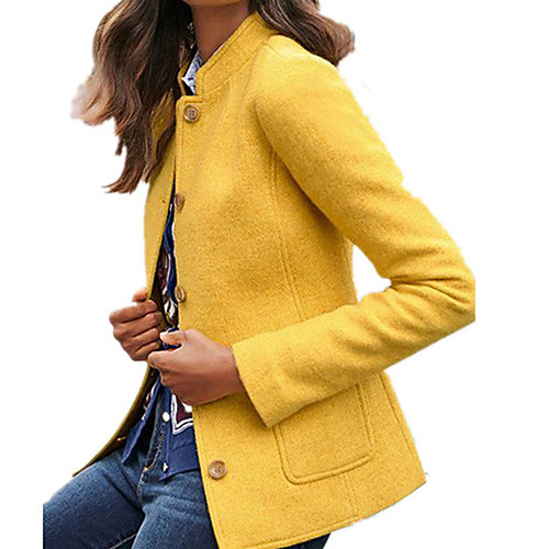 

Women's Coat Daily Fall Winter Regular Coat Stand Collar Regular Fit Chic & Modern Jacket Long Sleeve Solid Colored Pocket Blue Yellow