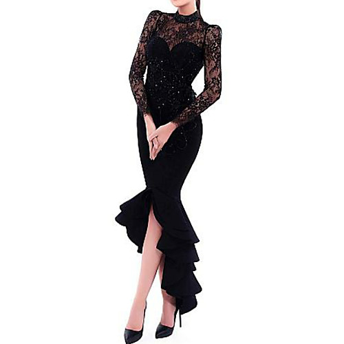 

Sheath / Column Elegant Formal Evening Dress High Neck Long Sleeve Asymmetrical Satin with Crystals Ruffles Lace Insert 2021