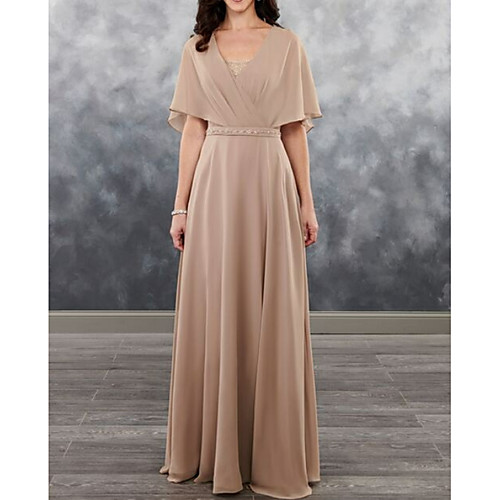 

A-Line Mother of the Bride Dress Plus Size Elegant V Neck Floor Length Chiffon Short Sleeve with Beading 2021
