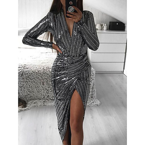

Women's Asymmetrical Sheath Dress - Long Sleeve Abstract V Neck Slim Black S M L XL