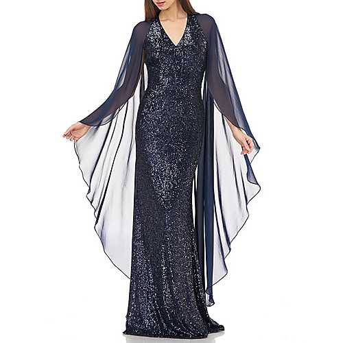 

Sheath / Column Elegant Formal Evening Dress V Neck Long Sleeve Floor Length Chiffon Lace with Sequin 2021