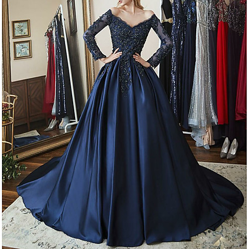 

Ball Gown Sparkle Quinceanera Prom Dress Off Shoulder Long Sleeve Chapel Train Satin with Beading Appliques 2021