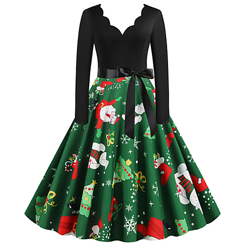 

Women's A Line Dress Green Long Sleeve Color Block V Neck Basic Christmas Party S M L XL XXL 3XL