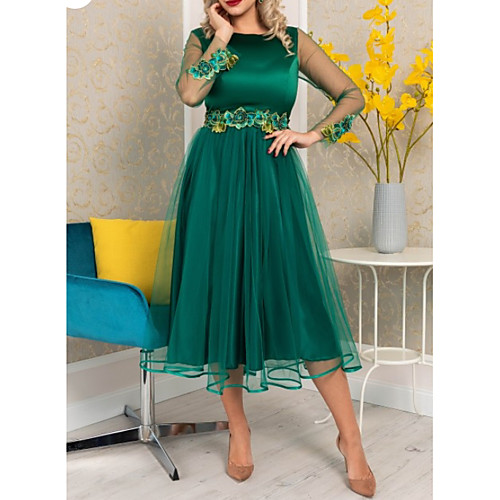 

A-Line Floral Wedding Guest Cocktail Party Dress Jewel Neck Long Sleeve Tea Length Polyester with Appliques 2021
