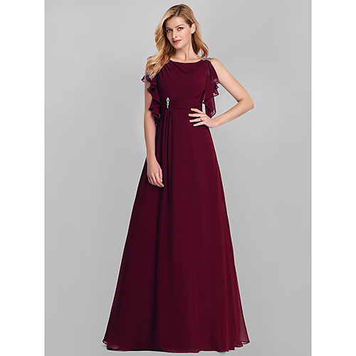 

A-Line Empire Wedding Guest Formal Evening Dress Boat Neck Sleeveless Floor Length Lace with Crystals Ruffles Draping 2021