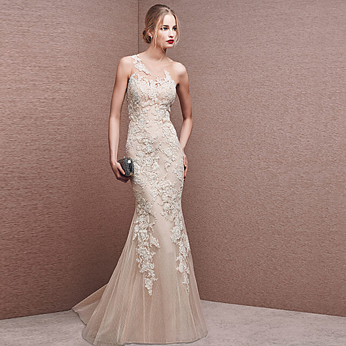 

Mermaid / Trumpet Beautiful Back White Engagement Formal Evening Dress Illusion Neck Sleeveless Floor Length Lace Tulle with Appliques 2021