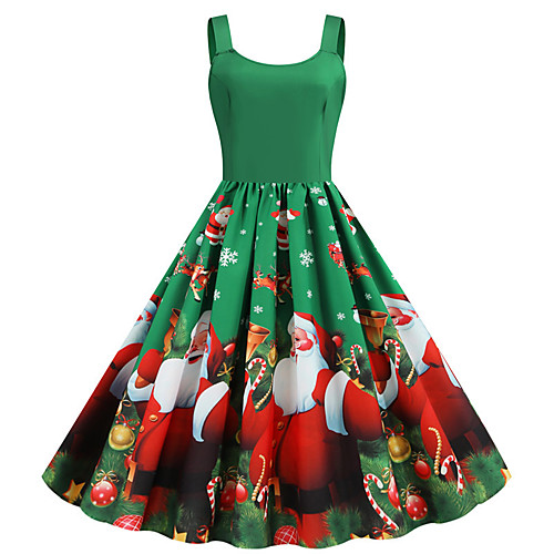 

Women's Swing Dress Green Sleeveless Santa Claus Snowflake Print Strap Basic Vintage Christmas Party S M L XL XXL