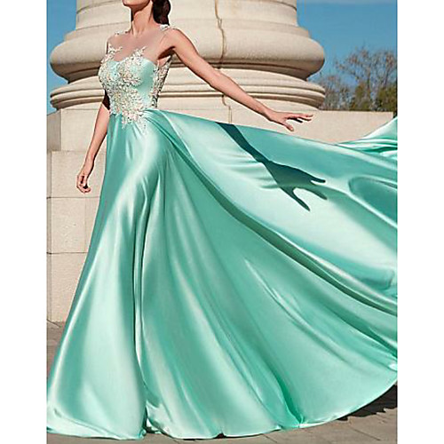 

A-Line Elegant Formal Evening Dress Jewel Neck Sleeveless Floor Length Polyester with Pleats Appliques 2021