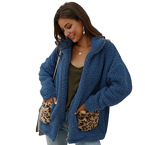 

Women's Daily Fall & Winter Long Faux Fur Coat, Leopard Turndown Long Sleeve Faux Fur Blue / Camel / Beige