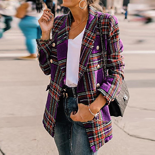 

Women's Jacket Daily Spring & Fall Fall & Winter Long Coat Regular Fit Basic Streetwear Jacket Long Sleeve Geometric Print Wine Green / Going out